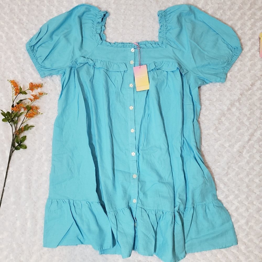 Linen Blend Short sleeve blue ruffle dress with pockets Stoney Clover Lane x Tar